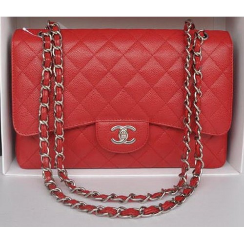 Borsa Chanel Jumbo a doppia patta Modello Cannage rosso A36097 Argento