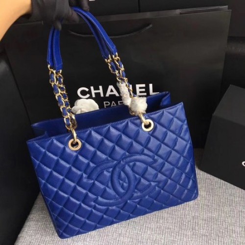 Chanel LE Boy Grand Shopping Tote Bag GST Blue Cannage Pattern A50995 Oro