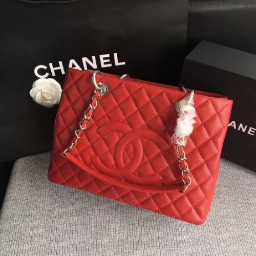 Chanel LE Boy Grand Shopping Tote Bag GST Red Cannage Pattern A50995 Argento
