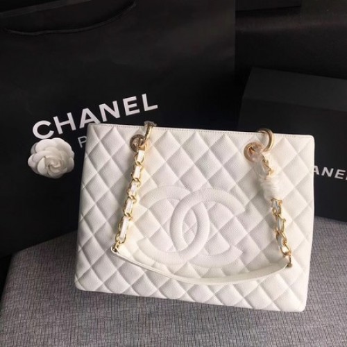Chanel LE Boy Grand Shopping Tote Bag GST White Cannage Pattern A50995 Oro