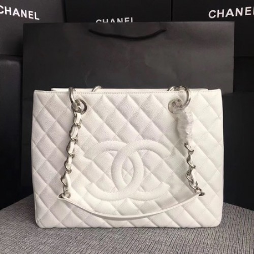Chanel LE Boy Grand Shopping Tote Bag GST White Cannage Pattern A50995 Argento