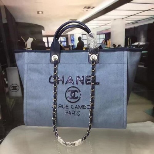 Borsa shopping grande in tela Chanel A1679 blu