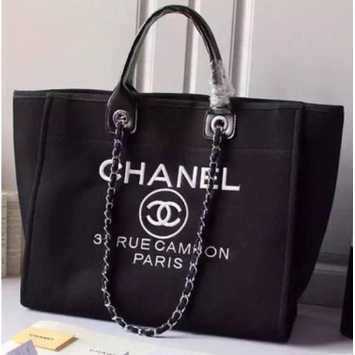 Borsa shopping tote grande in tela Chanel A5002 nera