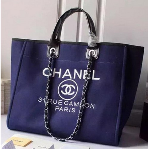 Borsa shopping tote grande in tela Chanel A5002 blu