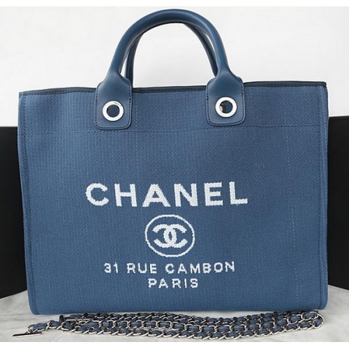 Borsa shopping tote grande in tela Chanel A67002 blu