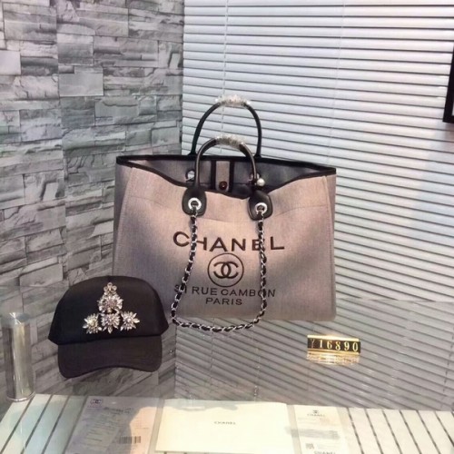 Borsa shopping grande in tela Chanel CNA1679 grigia