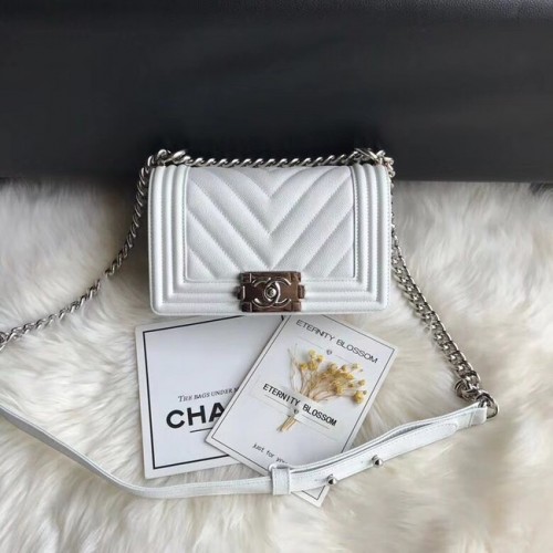 Borsa a tracolla in pelle Chanel Leboy Original Caviar A67085 catena argento bianco