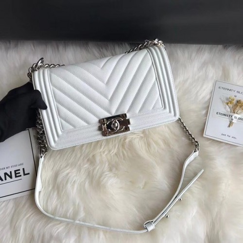 Borsa a tracolla in pelle Chanel Leboy Original Caviar A67086 catena argento bianco