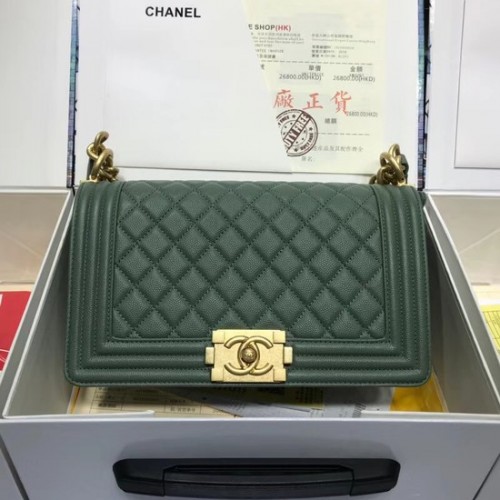 Borsa a tracolla Chanel Leboy Original in pelle di caviale A67086 catena in oro verde