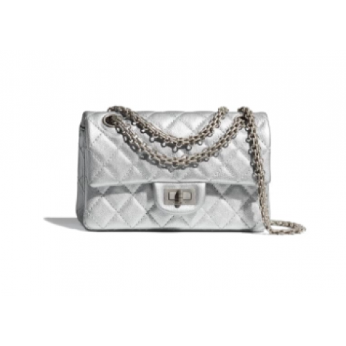 Chanel MINI 2.55 BORSA A MANO Pelle di vitello granulata metallizzata White Metal AS0874 Silver