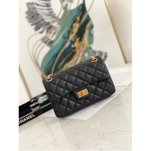 Chanel MINI 2.55 BORSA A MANO Pelle di vitello granulata metallizzata metallo oro AS0874 nero