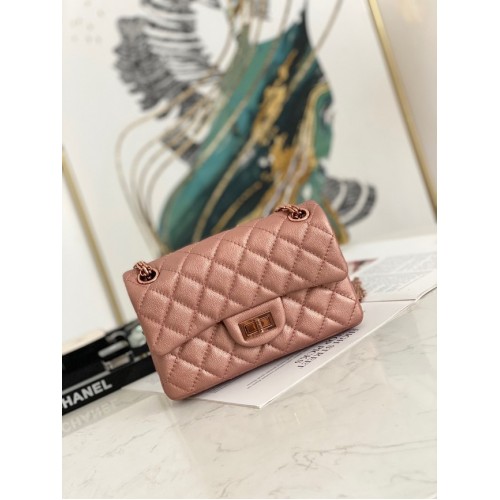 Chanel MINI 2.55 BORSA A MANO Pelle di vitello granulata metallizzata oro rosa Metallo AS0874 rosa
