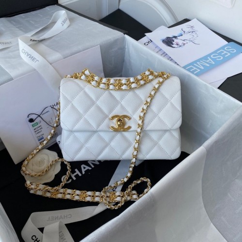 Chanel MINI FLAP BAG Pelle di vitello granulata metallo color oro AS3580 bianco