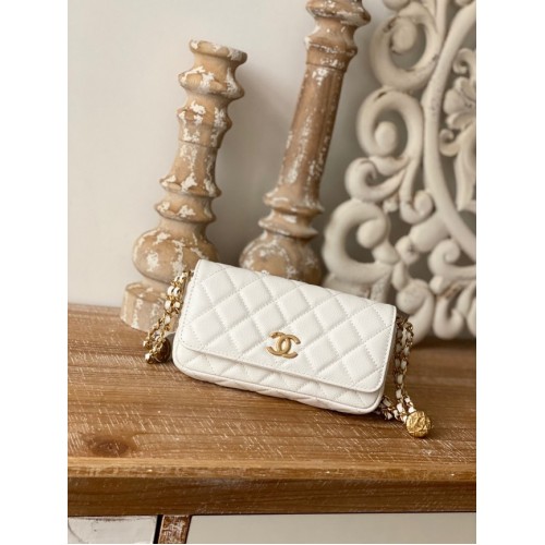 Chanel MINI BORSA FLAP Pelle di agnello Metallo tono oro AP81210 BIANCO