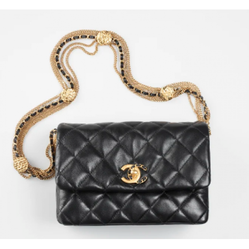 Chanel MINI FLAP BAG Pelle di agnello in metallo color oro AS3378 nera