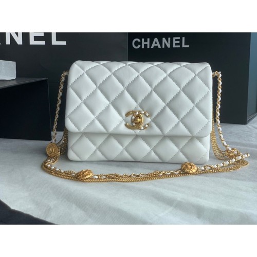 Chanel MINI FLAP BAG Pelle di agnello metallo tono oro AS3378 bianco