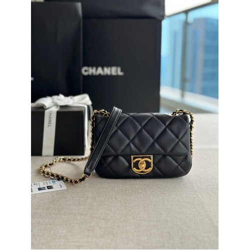 Chanel MINI FLAP BAG Pelle di agnello in metallo color oro AS3473 nero