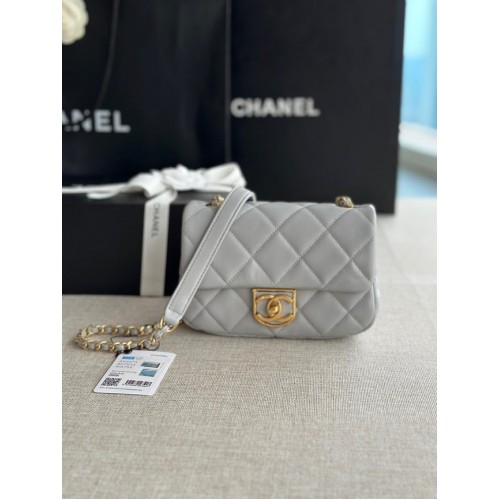 Chanel MINI FLAP BAG Pelle di agnello metallo tono oro AS3473 grigio