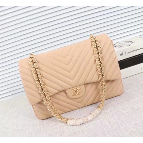 Borsa Chanel Maxi Classic Flap Pelle di montone Chevron albicocca A58601 Oro