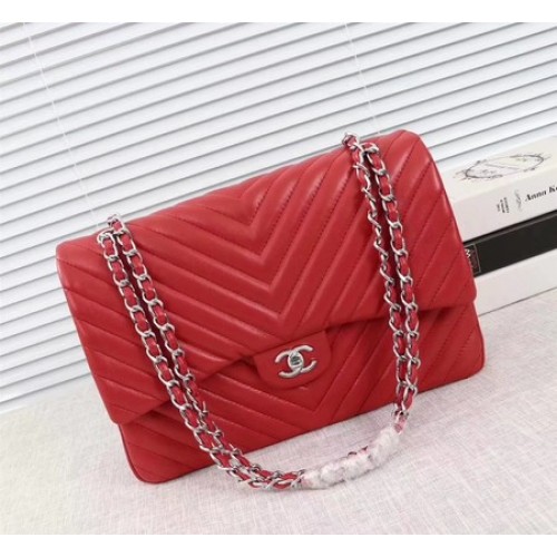 Borsa Chanel Maxi Classic Flap Pelle di montone rosso Chevron A58601 Argento