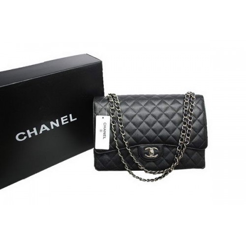 Borsa Chanel Maxi Double Flaps A36098 Nera Original Caviar Leather Silver