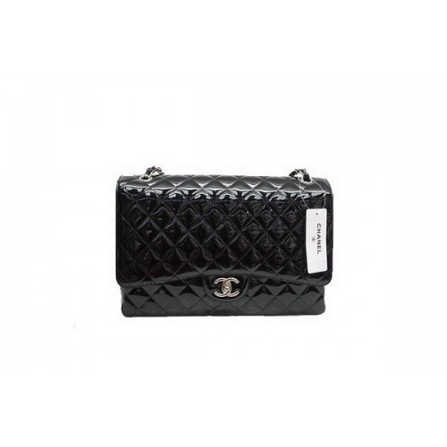 Borsa Chanel Maxi Doppia Patta A36098 Nera Originale Pelle Verniciata Argento