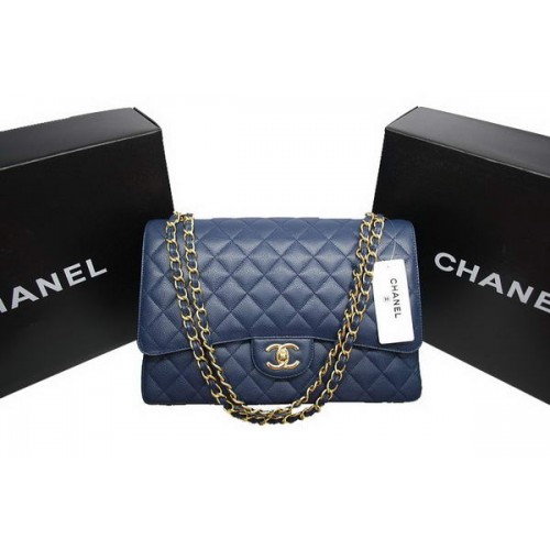 Borsa Chanel Maxi Double Flaps A36098 Blu Original Caviar Leather Gold