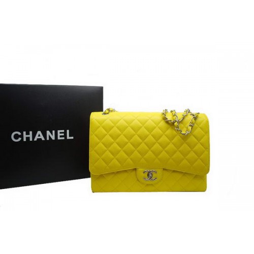 Borsa Chanel Maxi Double Flaps A36098 Lemon Original Caviar Leather Silver