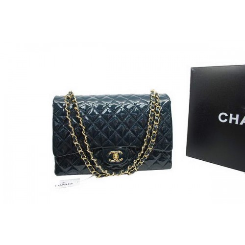 Borsa Chanel Maxi Double Flaps A36098 Royalblue Pelle Verniciata Originale Oro