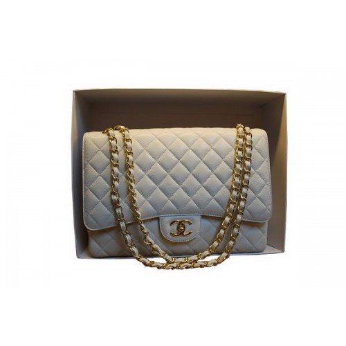 Borsa Chanel Maxi Double Flaps A36098 White Original Caviar Leather Gold