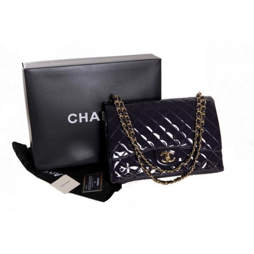 Borsa Chanel Maxi Double Flaps Viola Scuro Originale Pelle Verniciata A36098 Oro