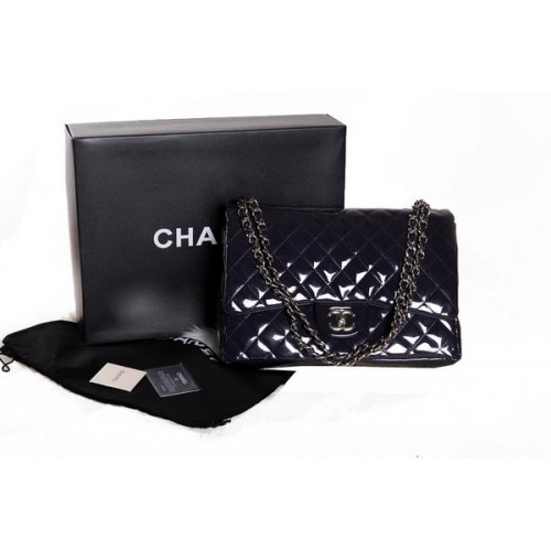 Borsa Chanel Maxi Double Flaps Viola Scuro Originale Pelle Verniciata A36098 Argento
