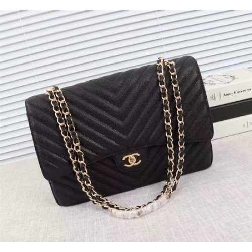 Chanel Maxi borsa classica trapuntata con patta nera motivo Chevron Cannage A58601 oro