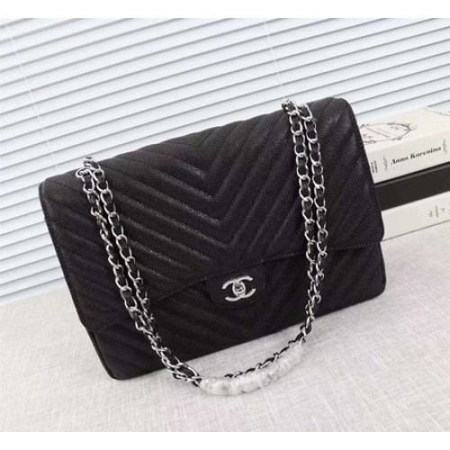Chanel Maxi borsa classica trapuntata con patta nera motivo Chevron Cannage A58601 argento