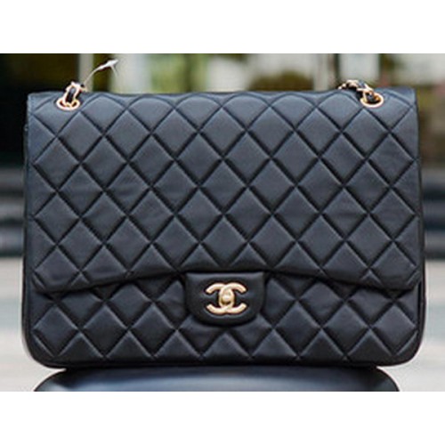 Chanel Maxi borsa trapuntata classica con patta in pelle di pecora nera A58601 oro