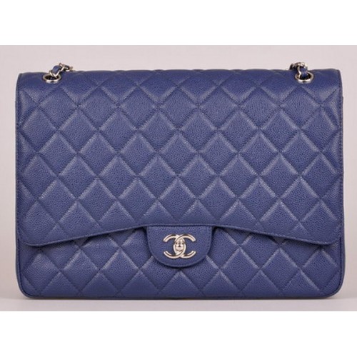Chanel Maxi borsa trapuntata classica con patta blu modello Cannage A58601 argento