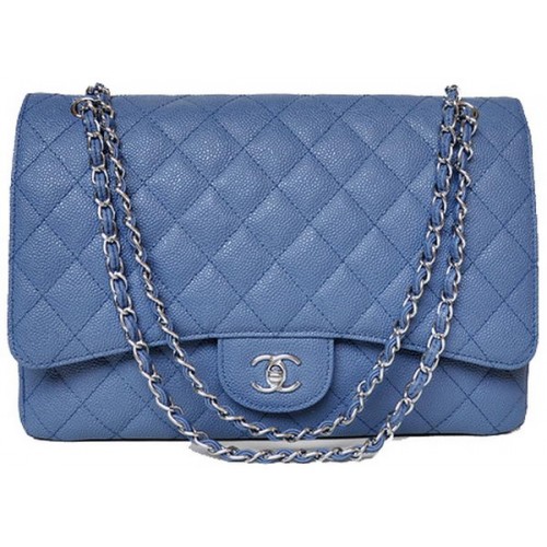 Chanel Maxi borsa classica trapuntata con patta blu Cannage Patterns A58601 argento