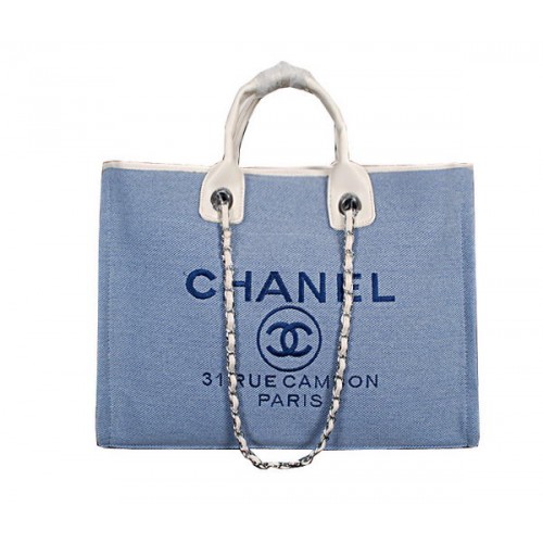 Borsa shopping media in tela Chanel A67012 azzurra
