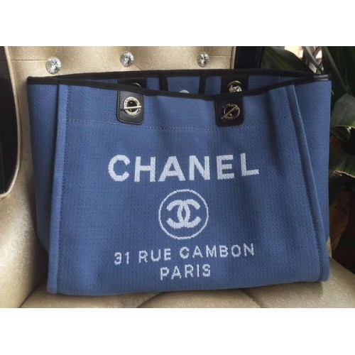 Borsa tote media in tela Chanel A1679M blu