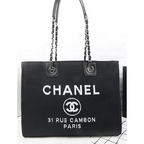 Borsa shopping tote media in tela Chanel A67001 nera