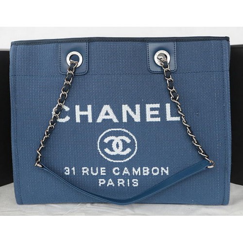 Borsa shopping tote media in tela Chanel A67001 blu