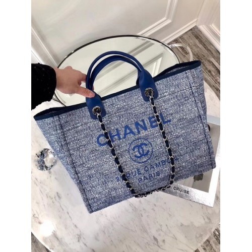 Chanel Borsa shopping tote in pelle originale tela 92298 blu