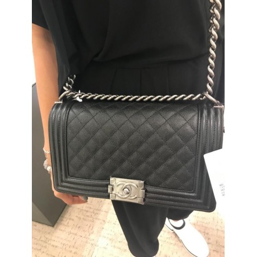Borsa Chanel Original Caviar Leather Boy Flap Shoulder Black A67086 Argento