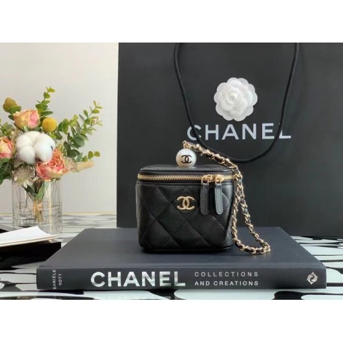 Borsa cosmetica in pelle di caviale originale Chanel AP2195 nera
