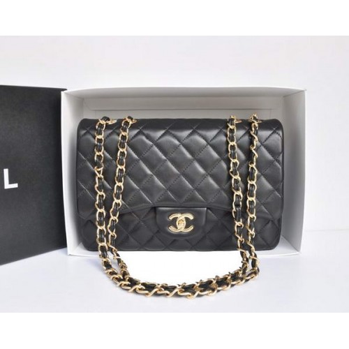 Borsa con patta in pelle originale Chanel A28600 nera dorata