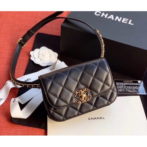 Borsa da cintura in pelle di montone originale Chanel nera 33866 oro