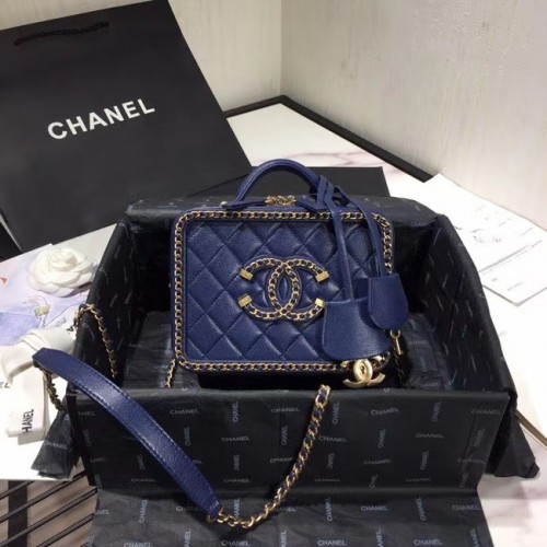 Borsa cosmetica Chanel Original piccola in pelle di pecora AS1785 BLU MARINO