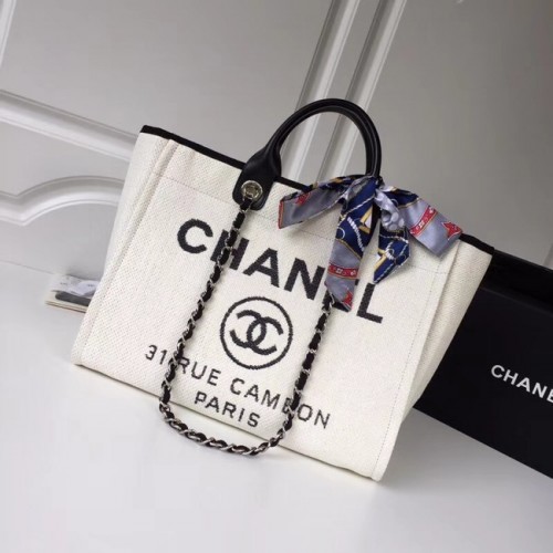 Chanel Original Tote Shopping Bag Tela pelle di vitello metallo tono argento 92298 bianco