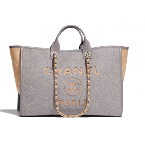 Chanel Original Tote Shopping Bag Pelle di vitello di lana Metallo argentato A93786 Grigio e beige