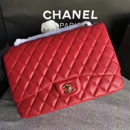 Borsa Chanel Maxi trapuntata classica con patta in pelle di montone rossa A58601 oro